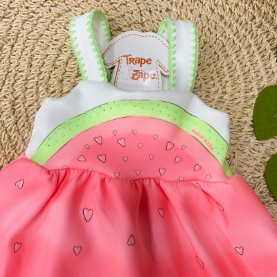 Vestido Melancia com Strass - Rosa e Verde